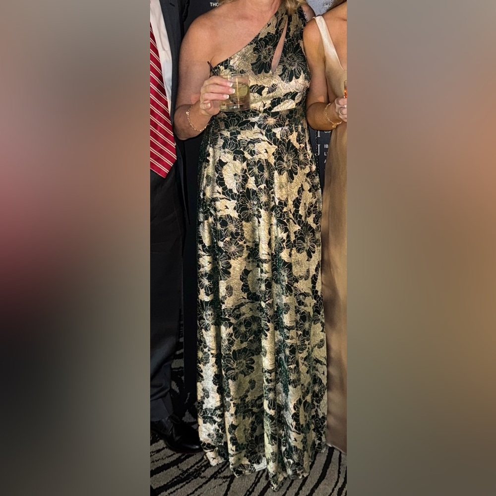 Elegant Floral Gown - Shimmery Gold and Black with Dark Forest Green Accents